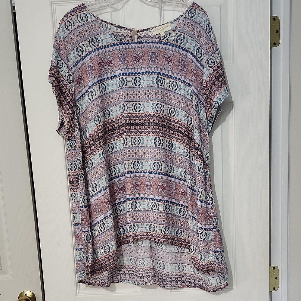 Cynthia Rowley Indian Inspired Short Sleeve Tunic. Blue Purple Pink. Size 2X